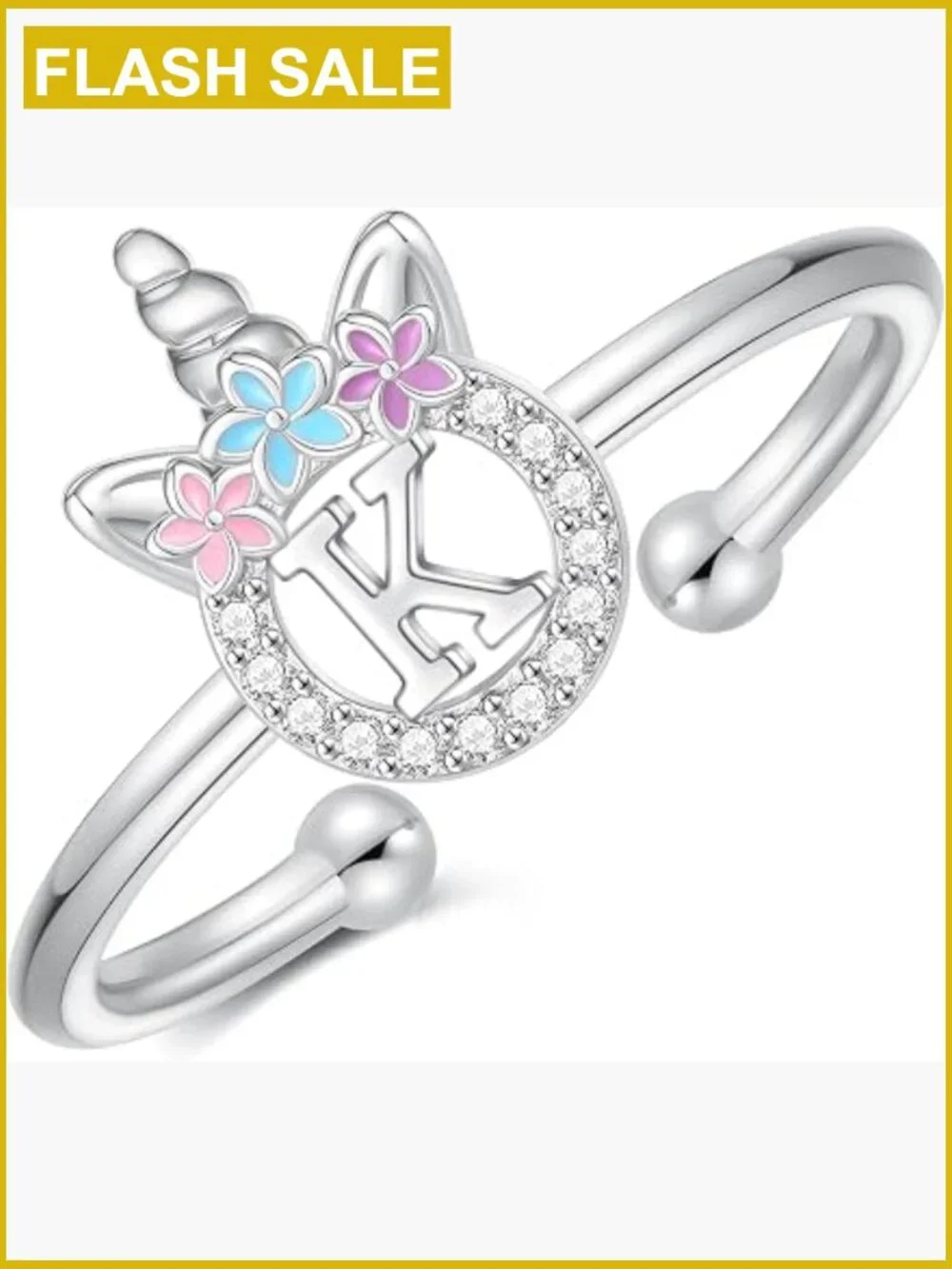 Adjustable Unicorn Initial Ring for Girls - Dainty Cute Zirconia Ring, Birthday
